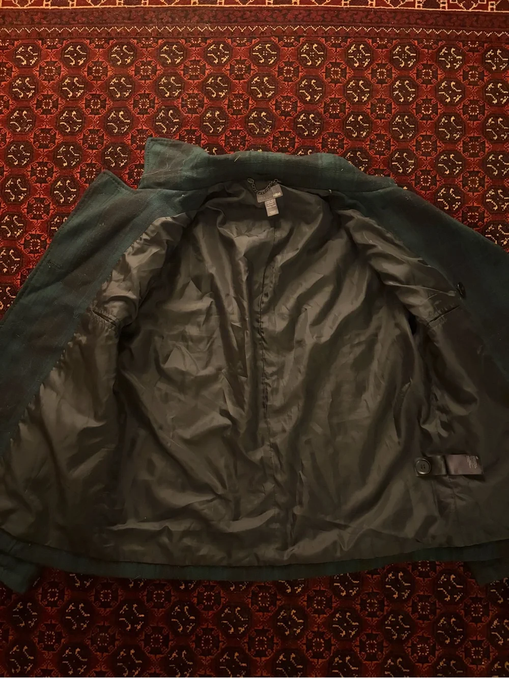 H&M Dark Green Plaid Double-Breasted Pea Coat